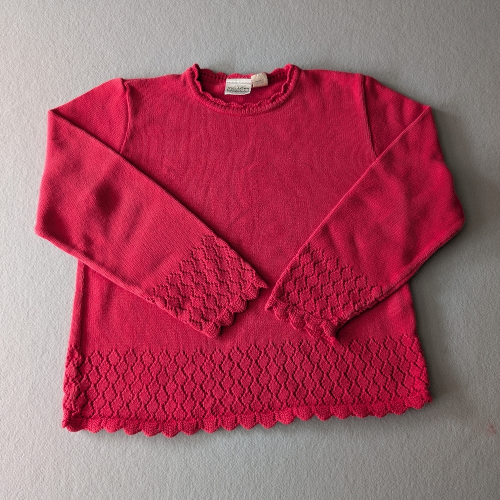 Vintage Villager Red Pointelle Knit Scalloped Edge Pullover Cotton Sweater MP